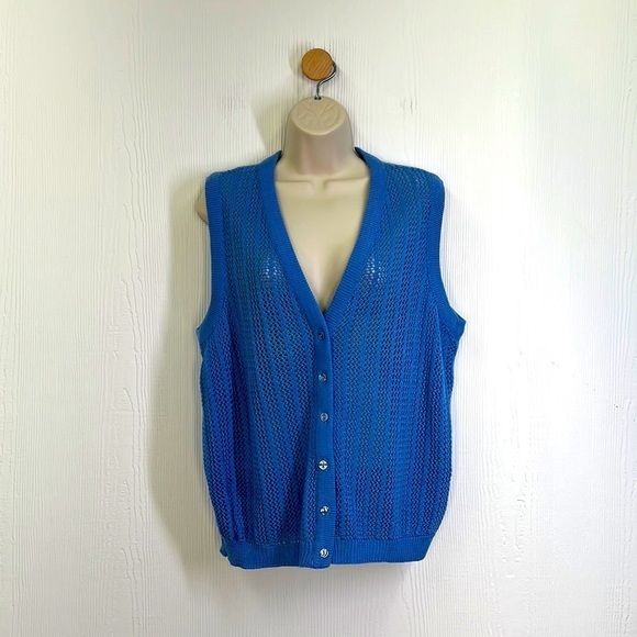 Lady Devon - Vintage Blue Open Knit Front Button Down Sweater Vest Size Small - Picture 1 of 12